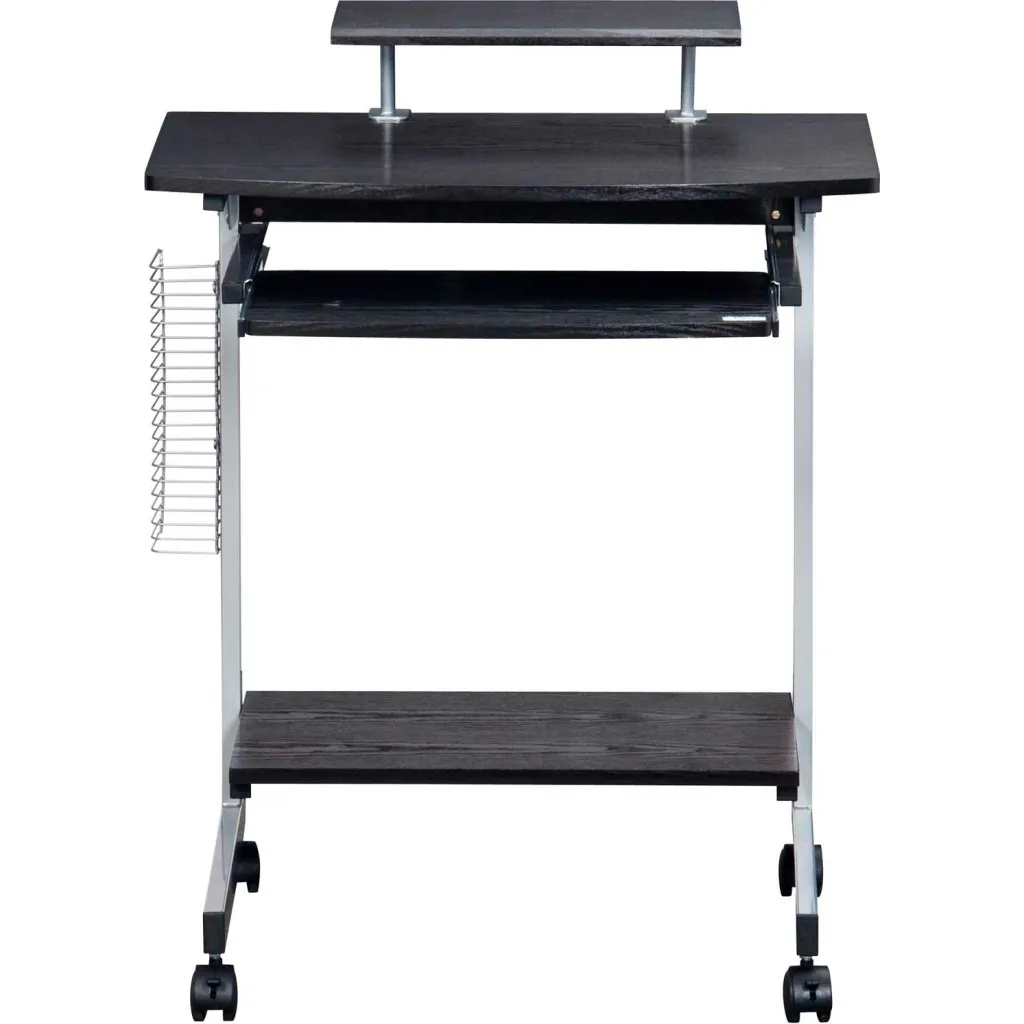 A mobile workstation with multiple shelves.