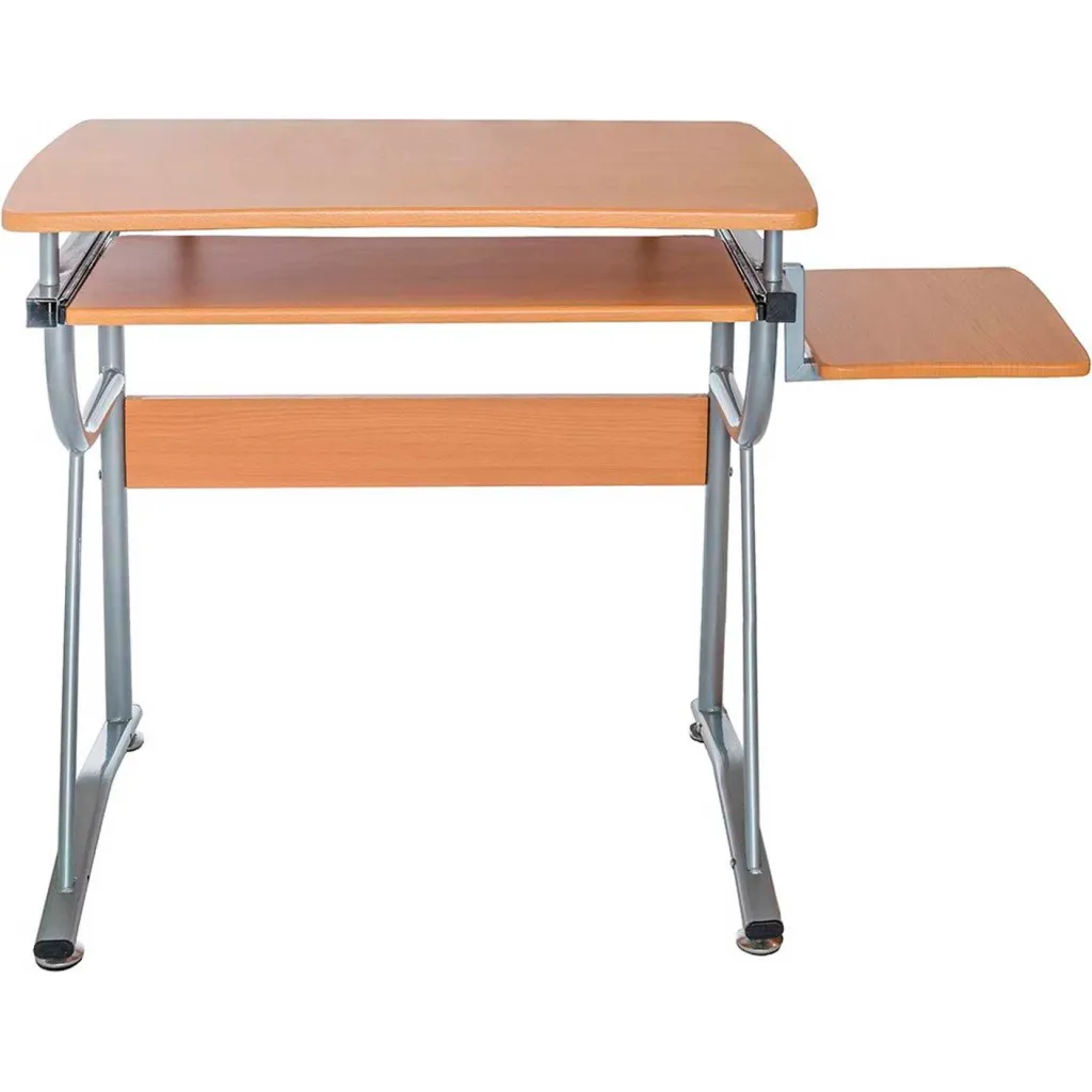A standing desk with a light wood finish and silver metal frame from the front.