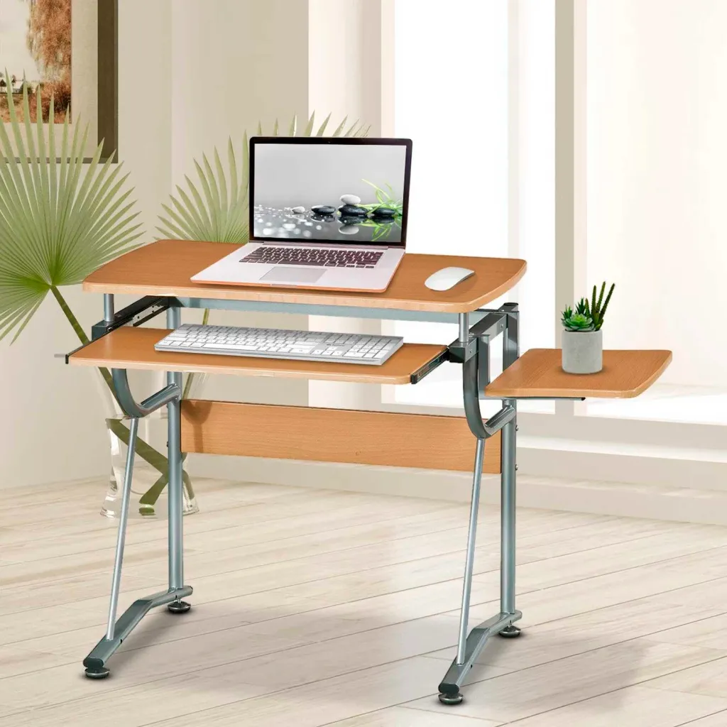 A standing desk with a light wood finish and silver metal frame in a room with a window.