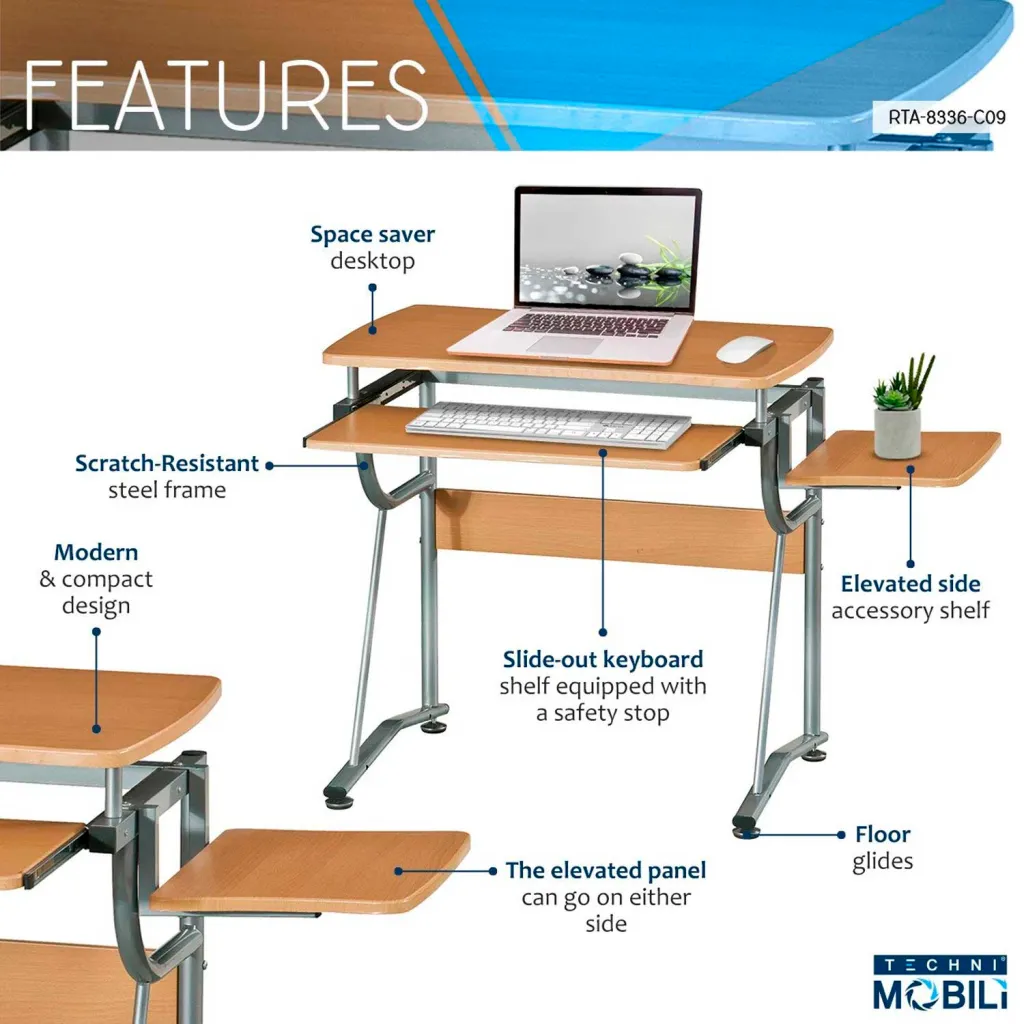 A standing desk with a light wood finish and silver metal frame with labeled features.