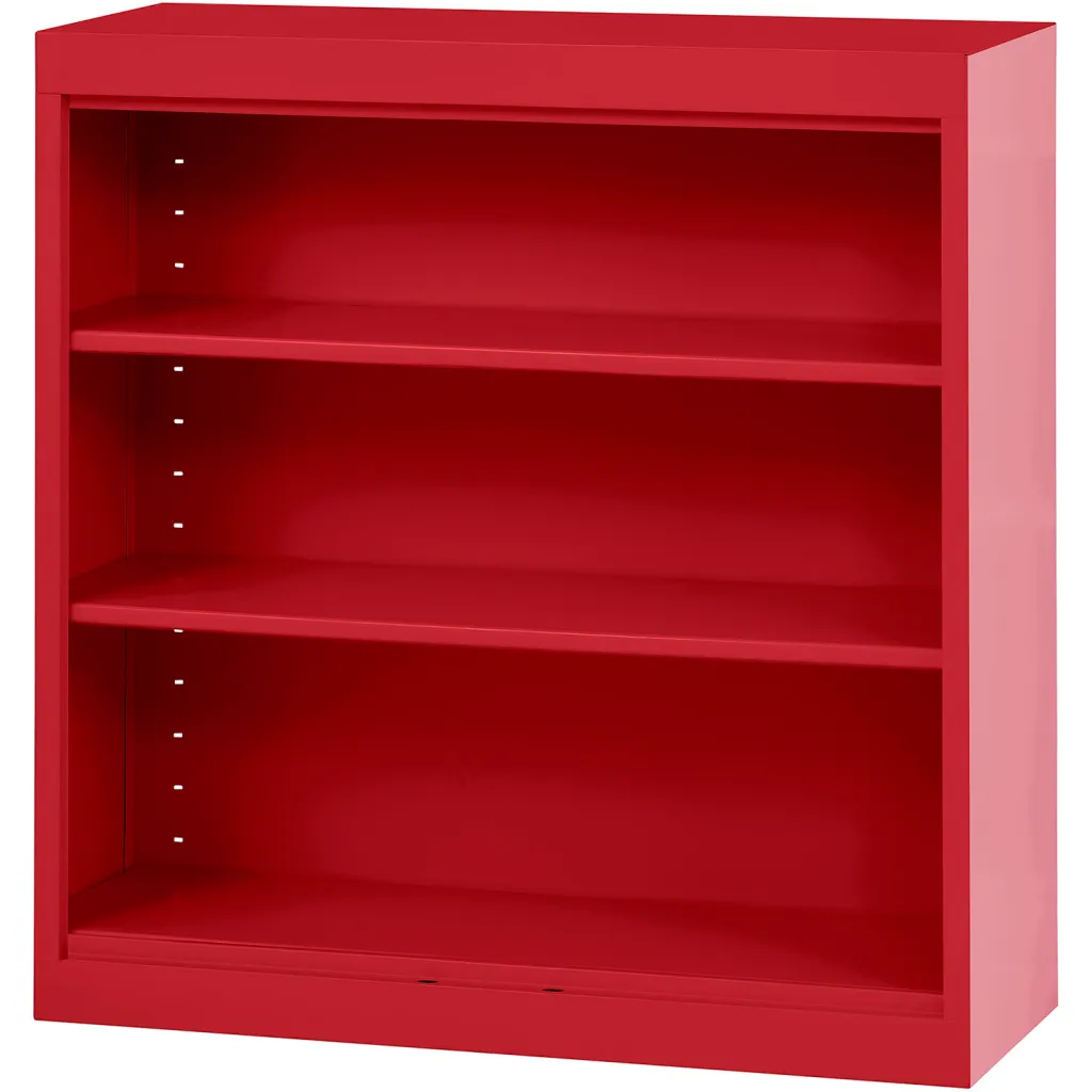 Red bookshelf with three empty shelves