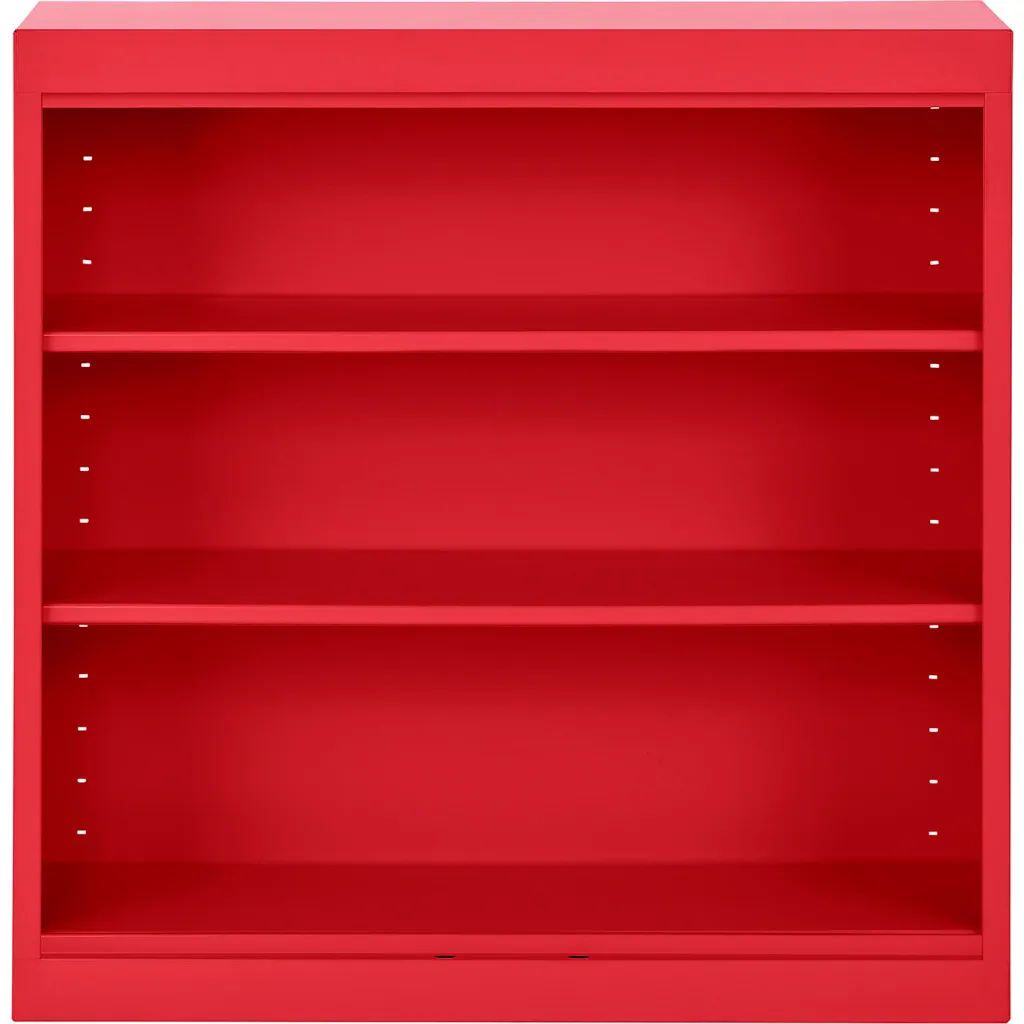 Red bookshelf with three empty shelves