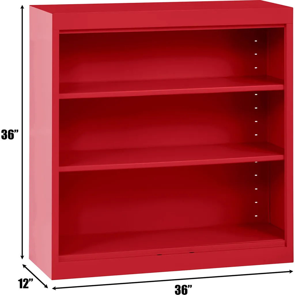 Red bookshelf with three empty shelves and dimensions