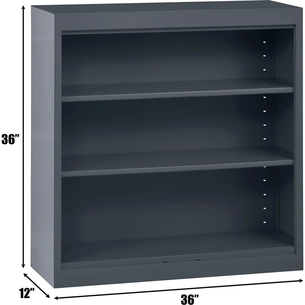 Gray bookshelf with three empty shelves and dimensions