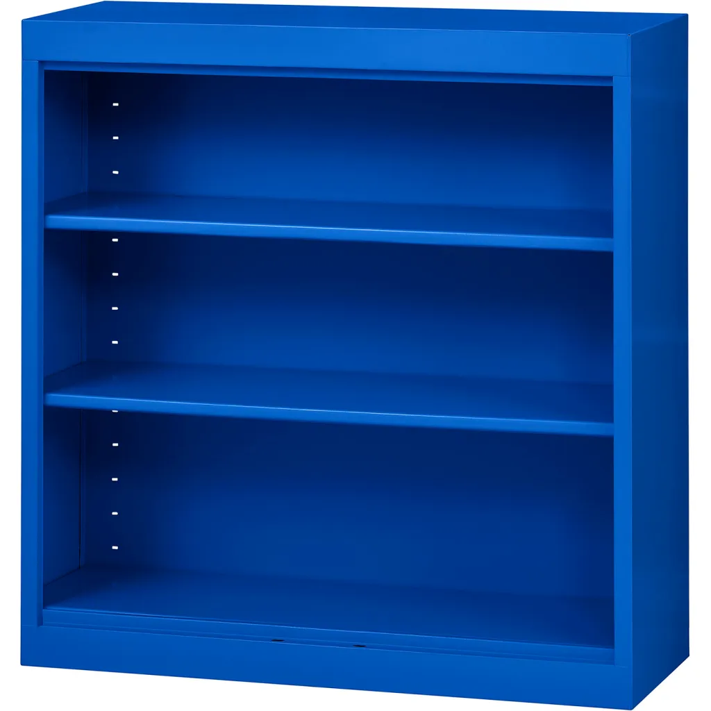 Blue bookshelf with three empty shelves