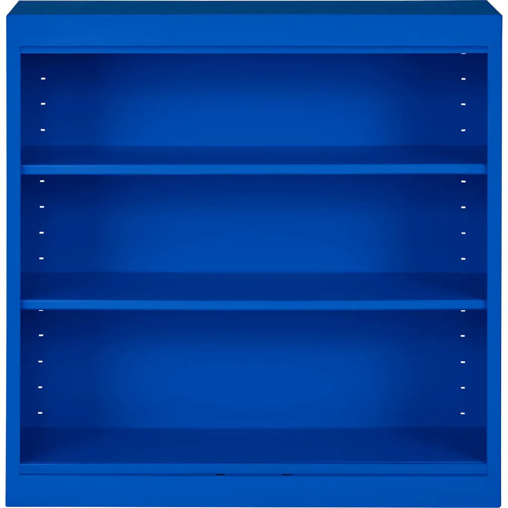 Blue bookshelf with three empty shelves