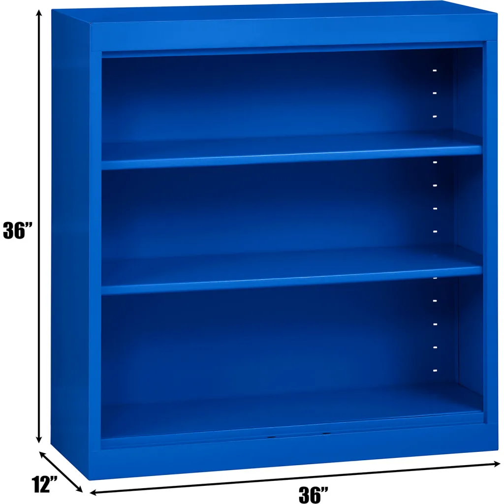 Blue bookshelf with three empty shelves and dimensions listed