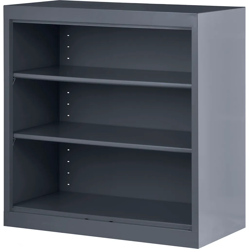 Gray shelving unit with three empty shelves