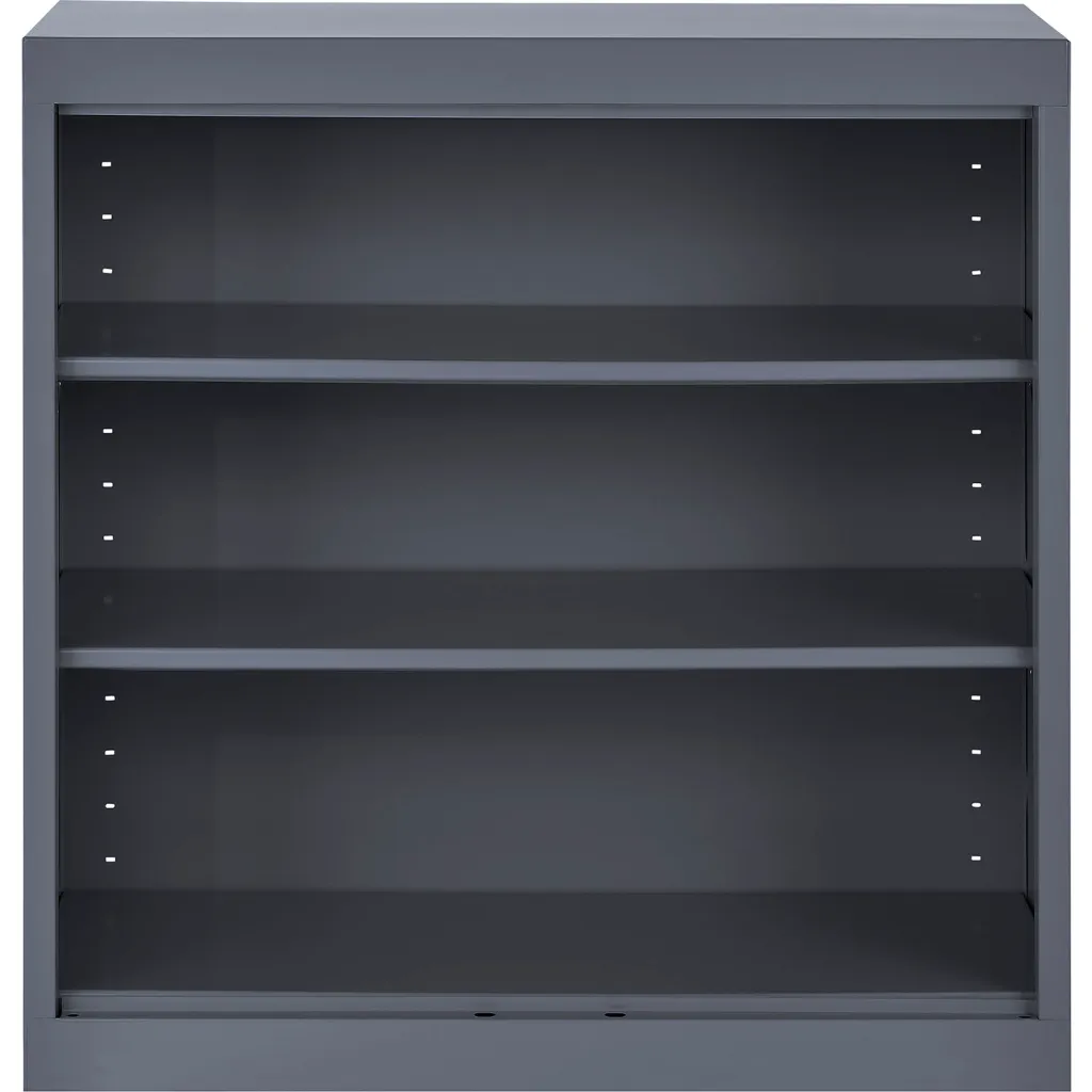 Gray shelving unit with three empty shelves