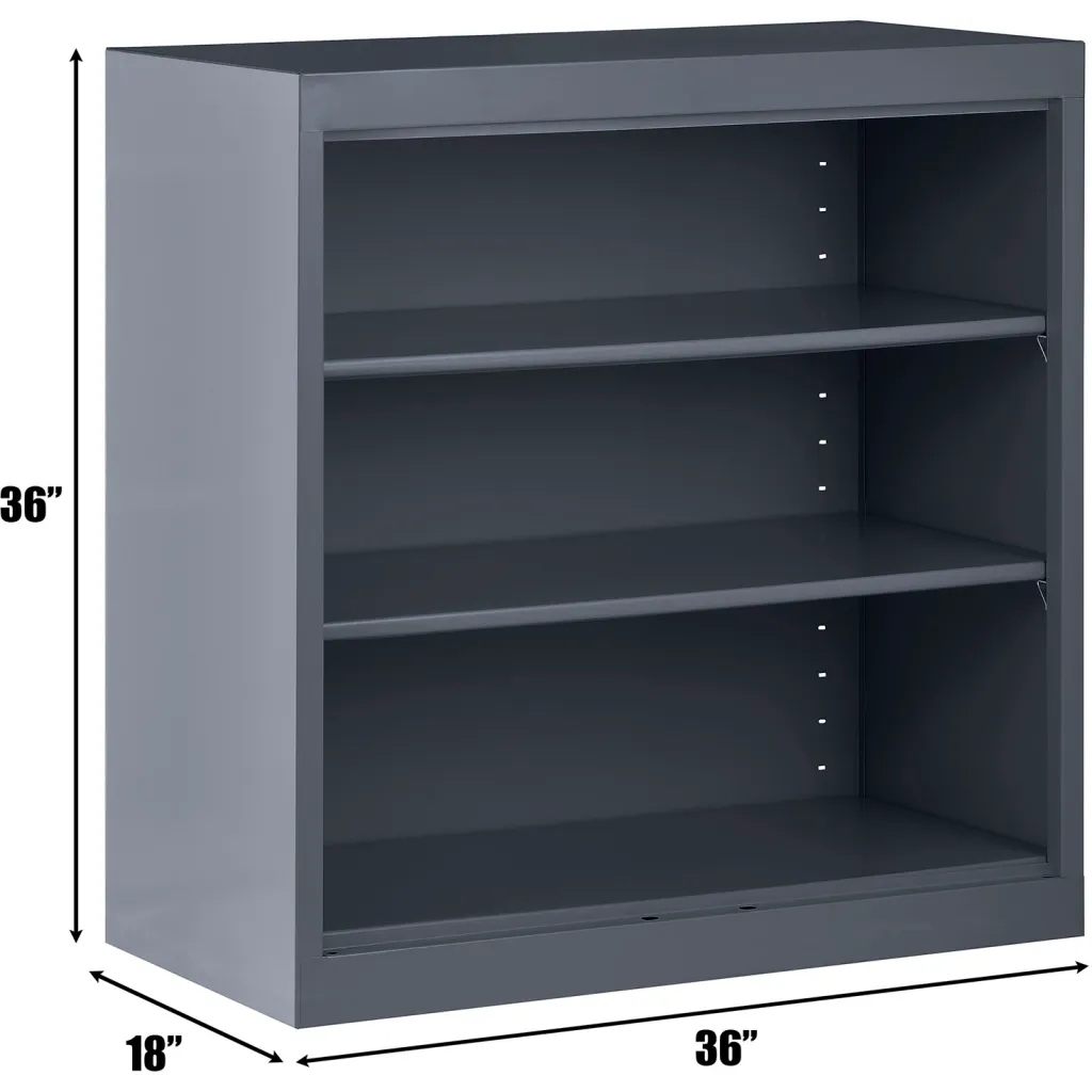Gray shelving unit with three empty shelves and dimensions