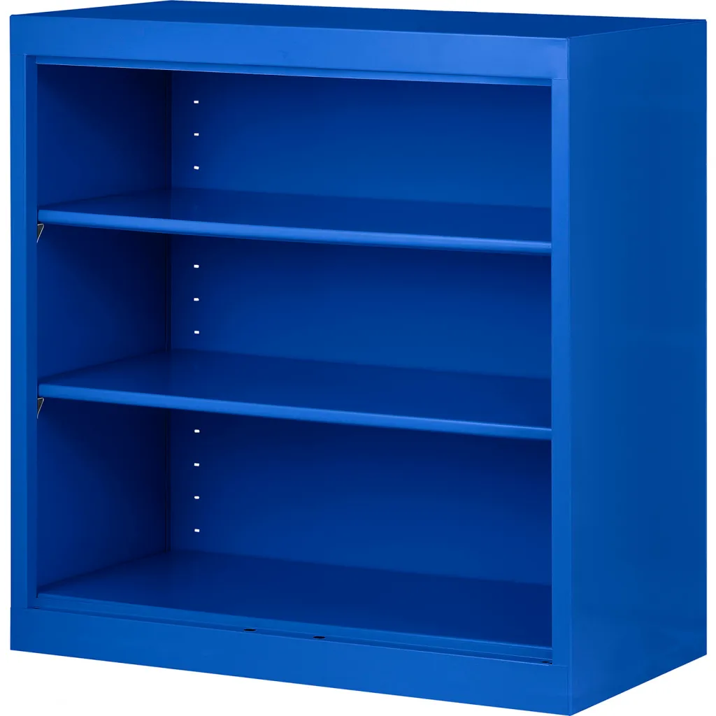 Blue shelving unit with three empty shelves
