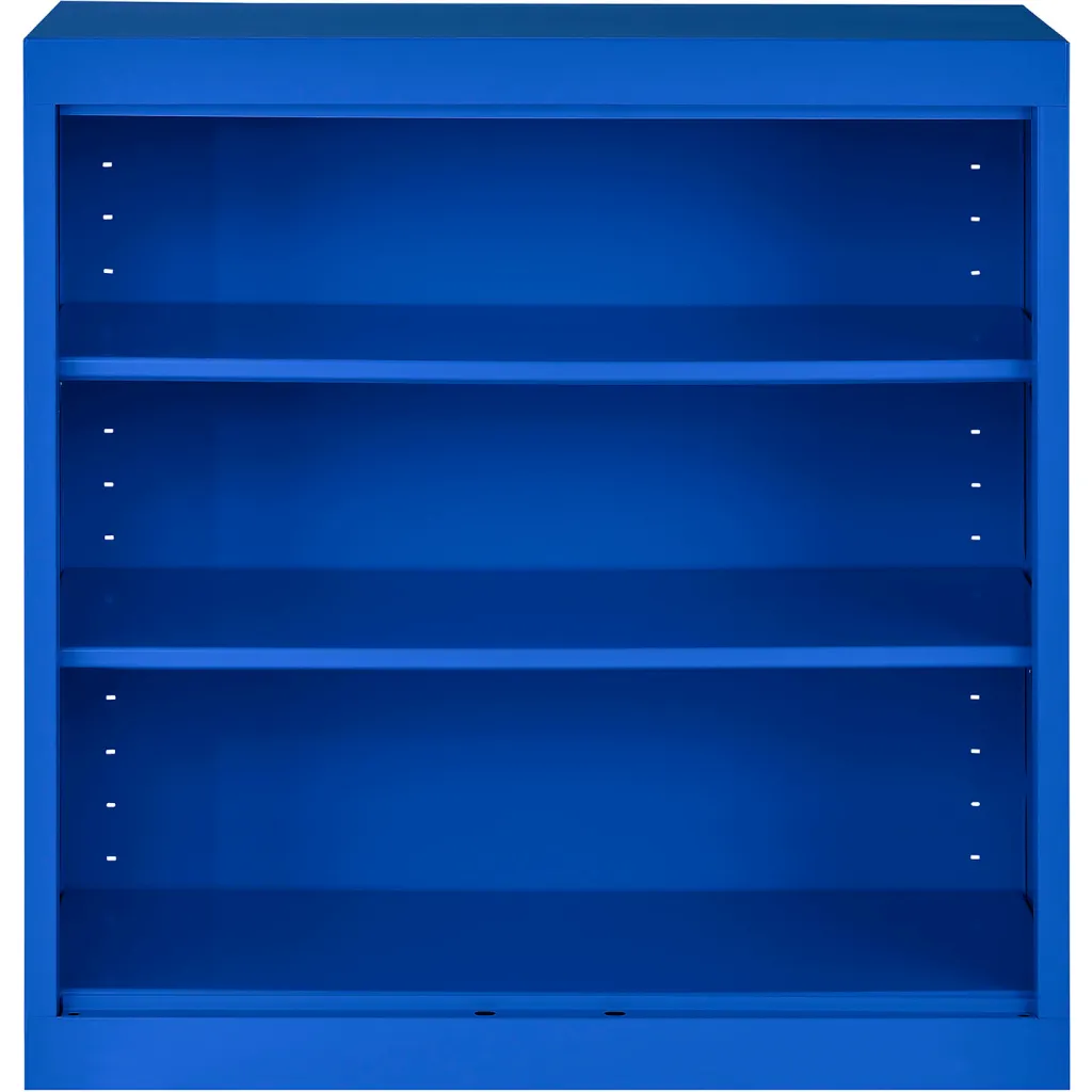 Blue shelving unit with three empty shelves