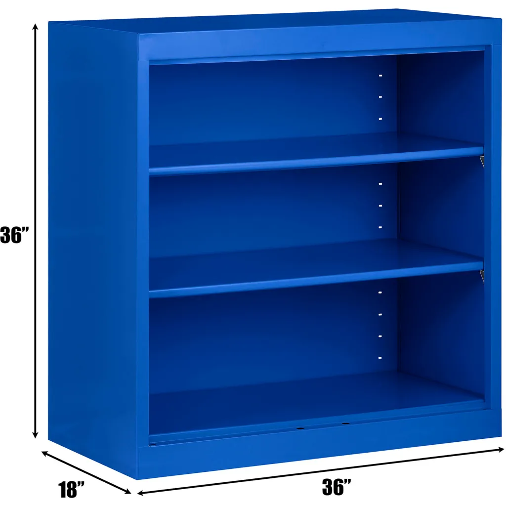Blue shelving unit with three empty shelves and dimensions