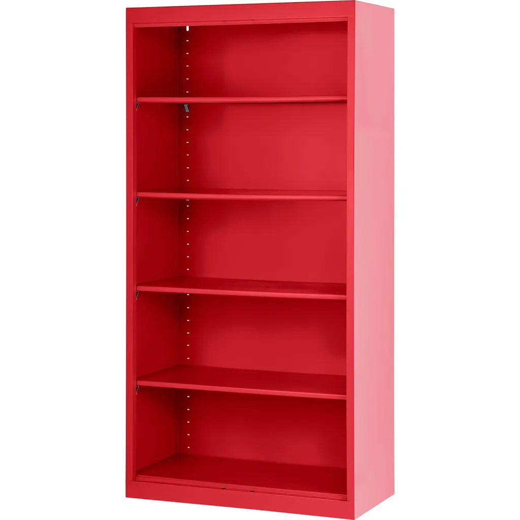 Red bookshelf with five empty shelves