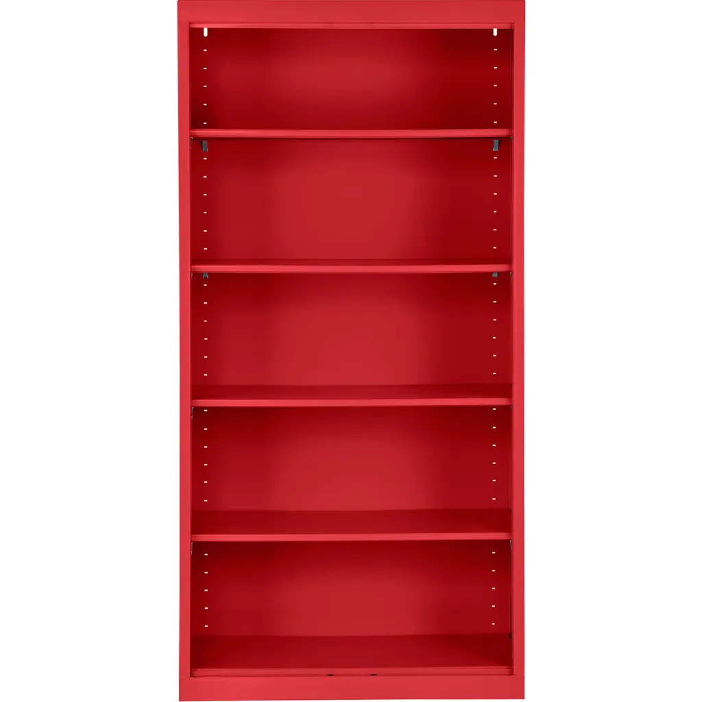 Red bookshelf with five empty shelves