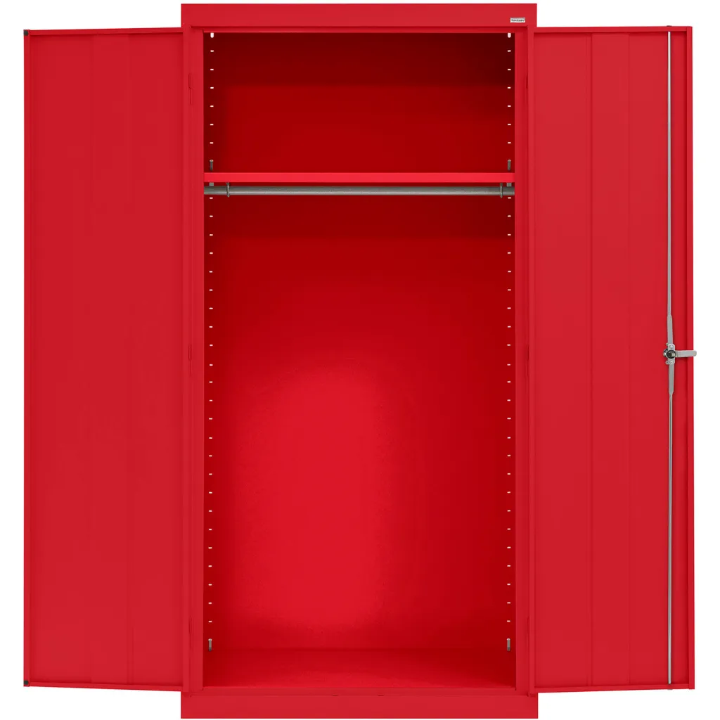 Red metal locker with double doors open showing empty interior