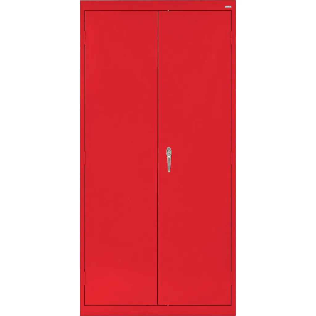 Closed red metal locker with double doors and central locking mechanism