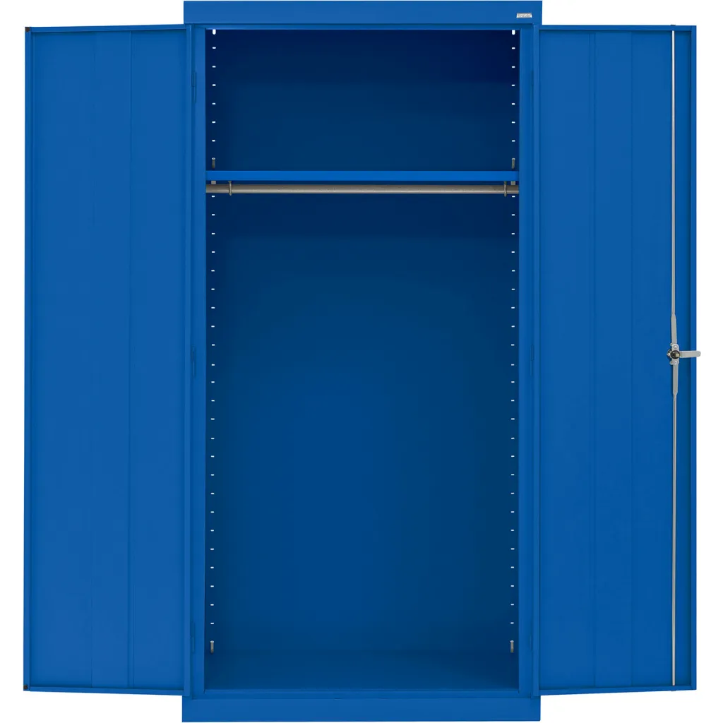 Blue metal storage cabinet with double doors open