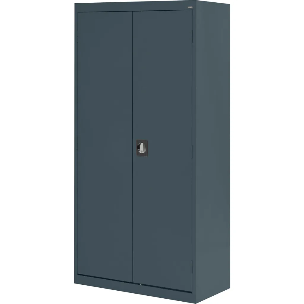 Gray metal storage cabinet with closed double doors, angled view