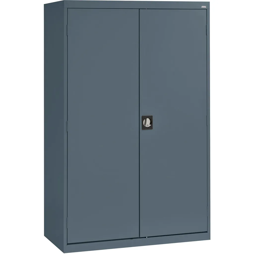 Gray metal storage cabinet with closed doors
