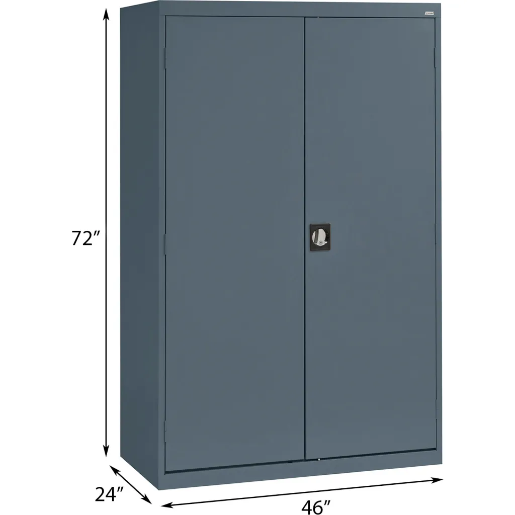 Gray metal storage cabinet with closed doors and dimensions listed