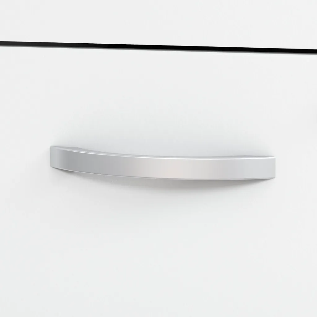A close-up of the silver handle of a white 3-drawer filing cabinet.