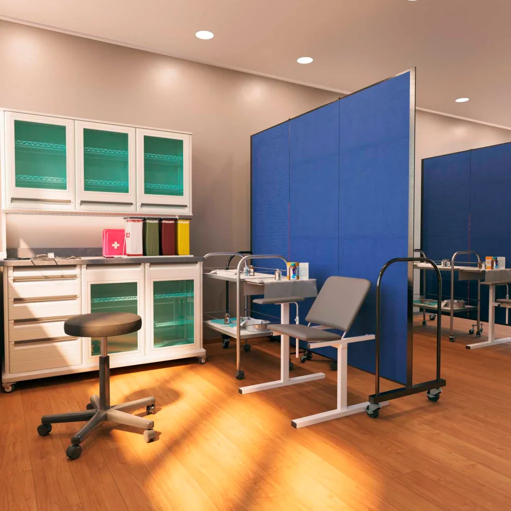 A medical office with a blue room divider