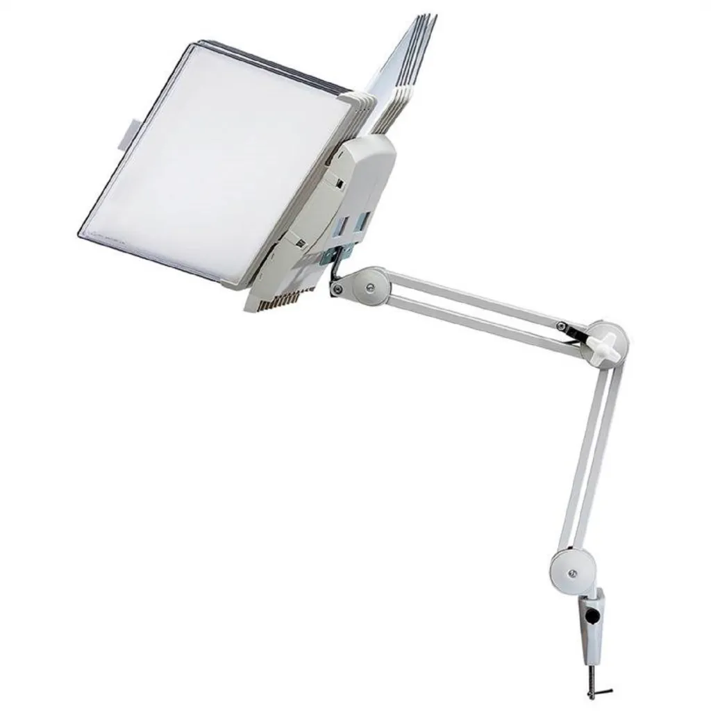 A white adjustable monitor arm with a screen attached
