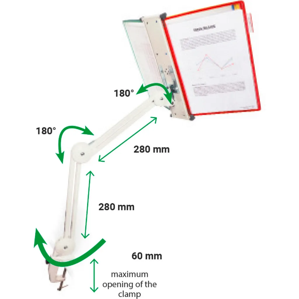 A white adjustable monitor arm with dimensions