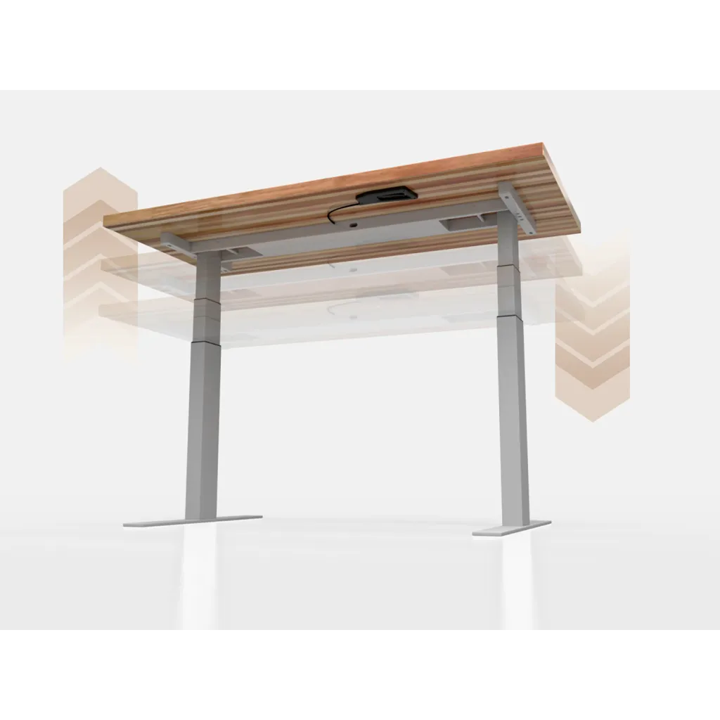 Sit-stand desk with gray frame and wood top