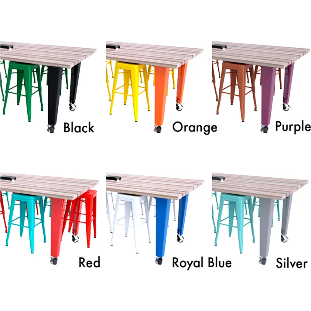 Tables with gray metal legs and wooden top in different colors: Black, Orange, Purple, Red, Royal Blue, Silver