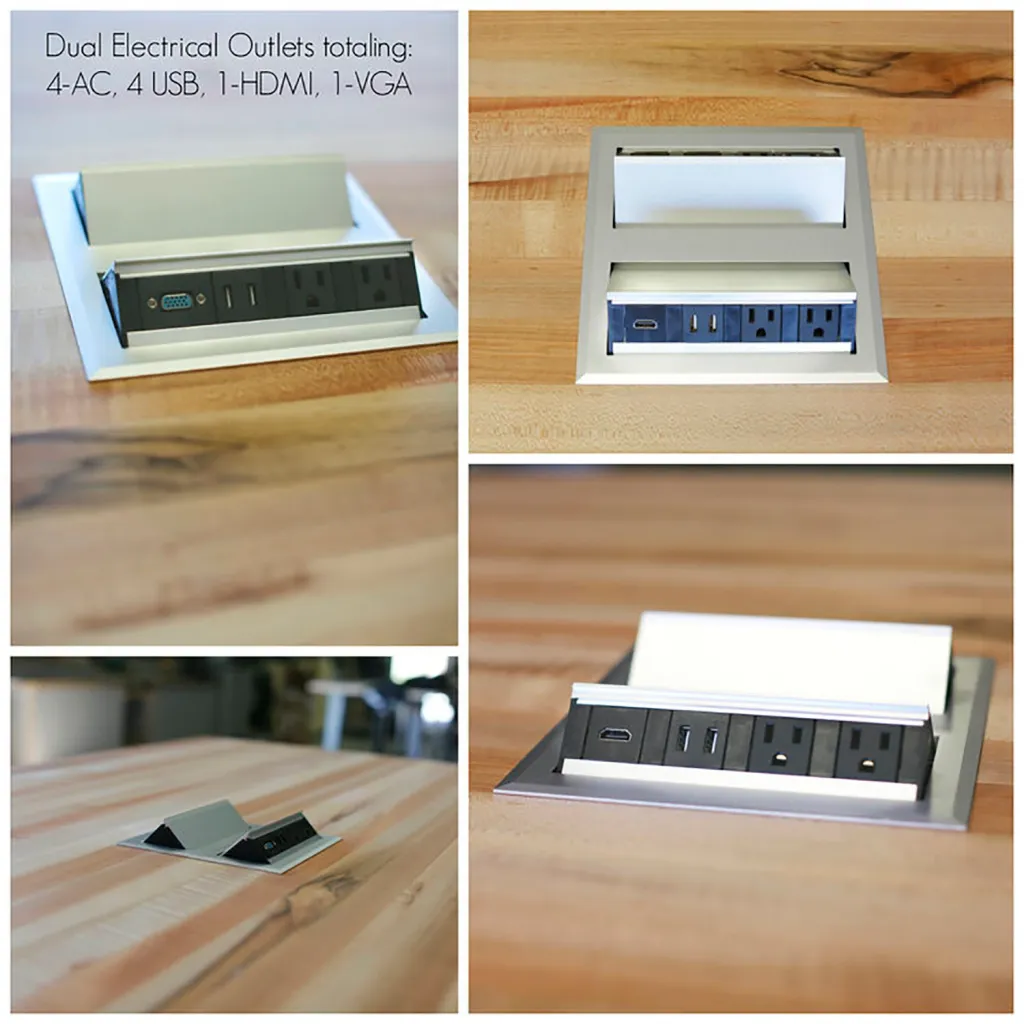Pop-up outlets and USB ports in a table