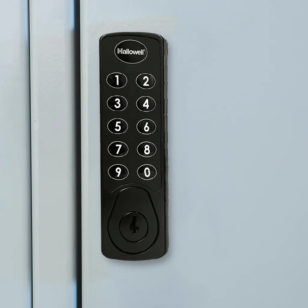 A close-up of another black keypad on a locker door, similar to the one in image 2.