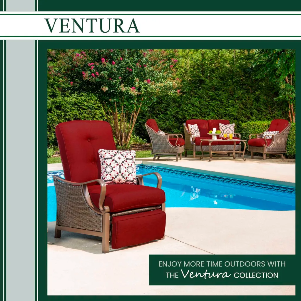 Outdoor furniture set including red reclining chair by a pool