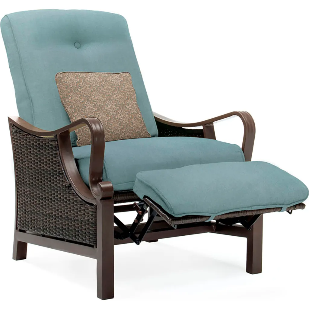 Outdoor reclining chair with blue cushioning and brown frame