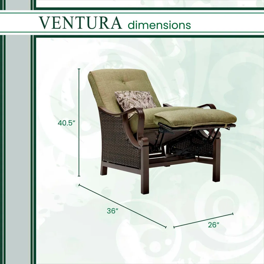 A green recliner with a brown frame and a matching ottoman with dimensions.