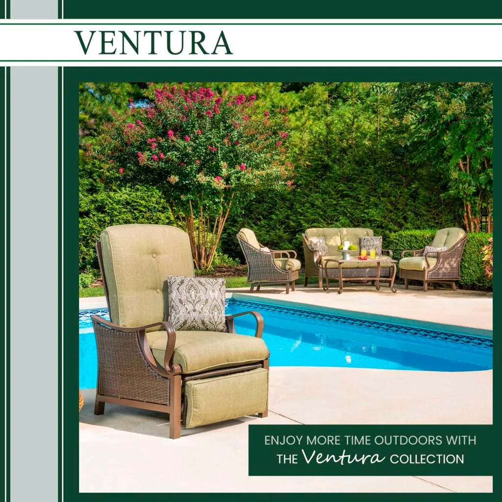 A green recliner with a brown frame and a matching ottoman by a pool with other furniture.