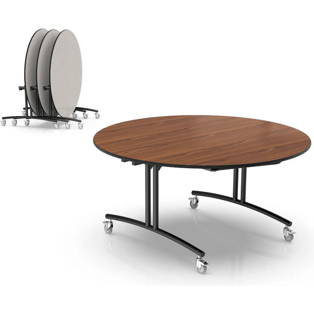 Round wooden table with black metal base and wheels, with additional folded tables in background