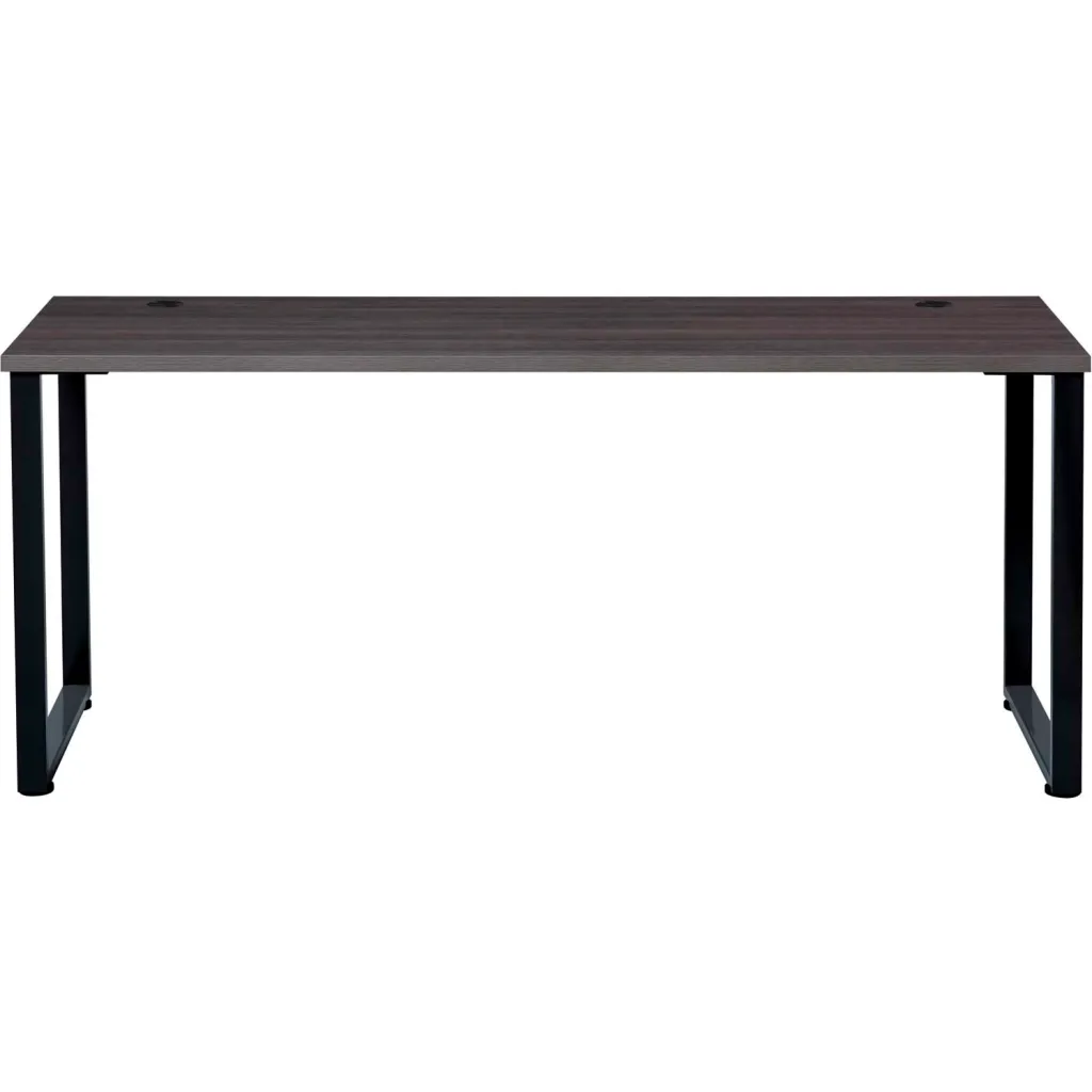 A desk with a dark brown wooden top and black metal legs, shown from the front.