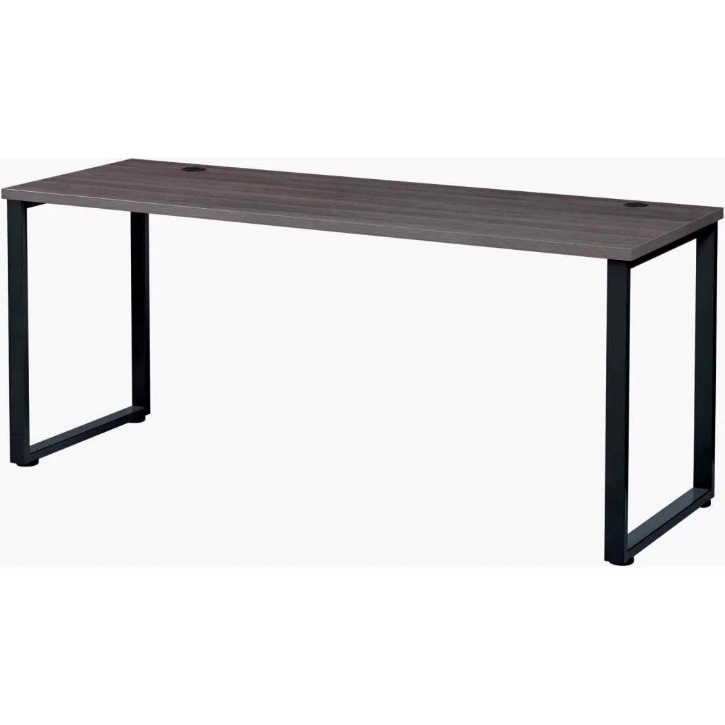Gray desk with black metal legs and two cable management holes