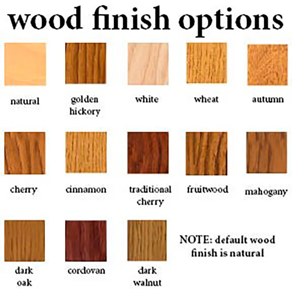 Wood finish options poster showing various wood swatches including natural, golden hickory, white, wheat, autumn, cherry, cinnamon, traditional cherry, fruitwood, mahogany, dark oak, cordovan, dark walnut; note states default wood finish is natural.