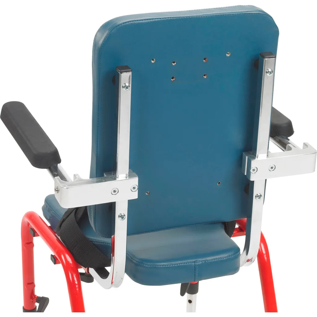 Shower chair backrest with blue padding and metal frame