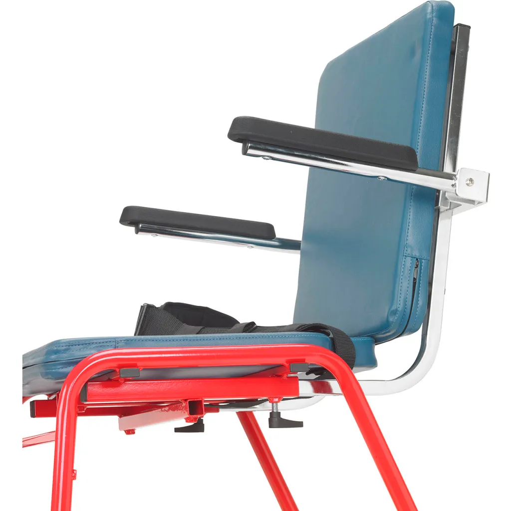 Shower chair side view with blue seat and backrest, red frame, and black armrests