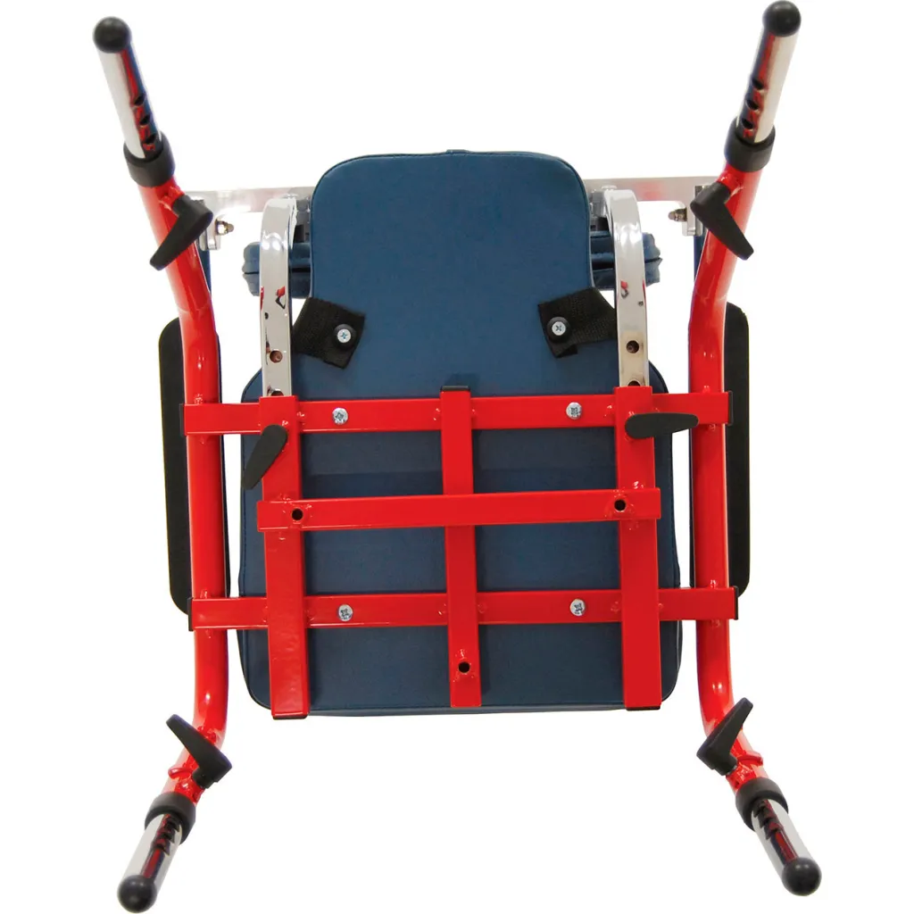 Bottom of shower chair with red frame and blue seat