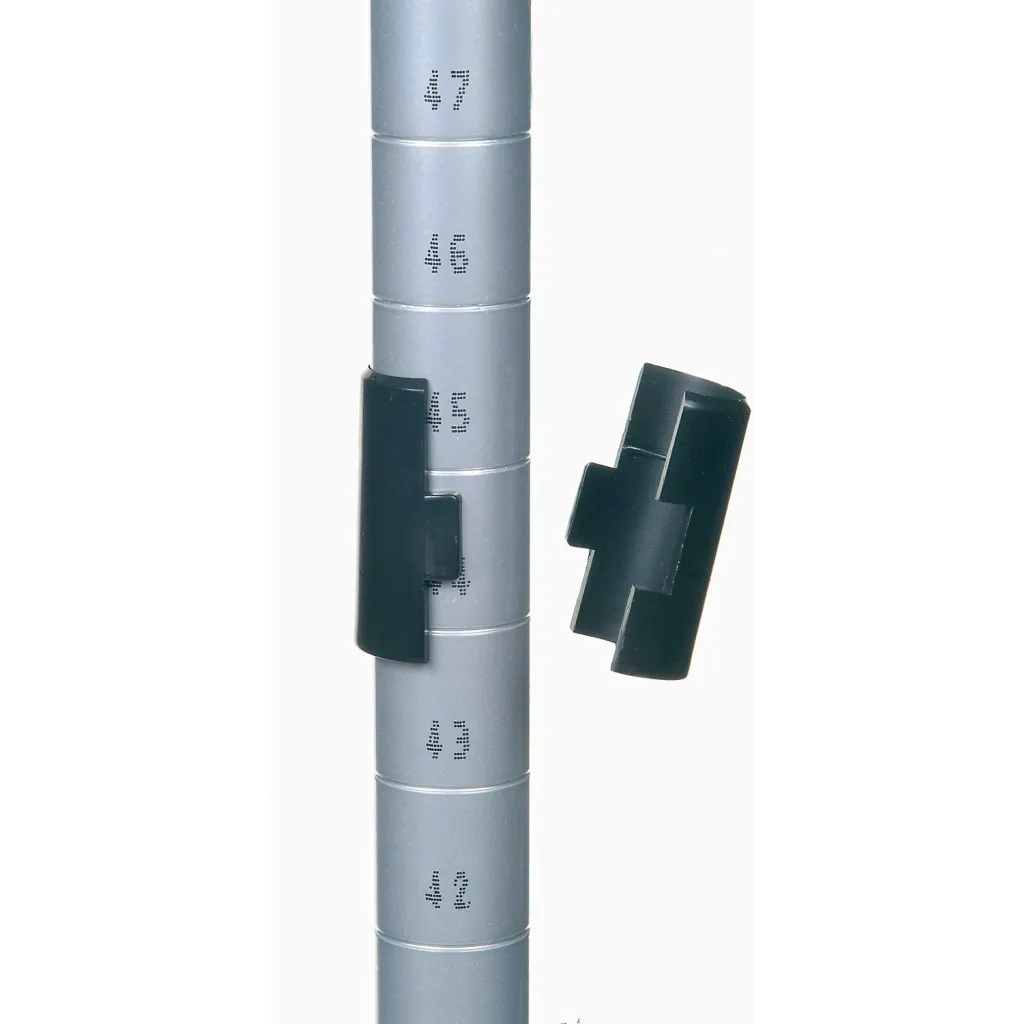 Close-up of shelving unit pole with clips