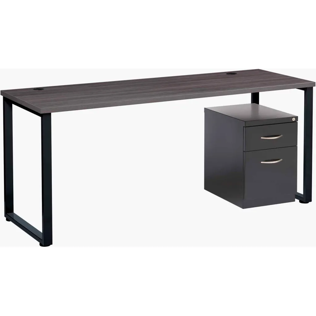 A desk with a dark brown wooden top and black metal legs, with a filing cabinet.