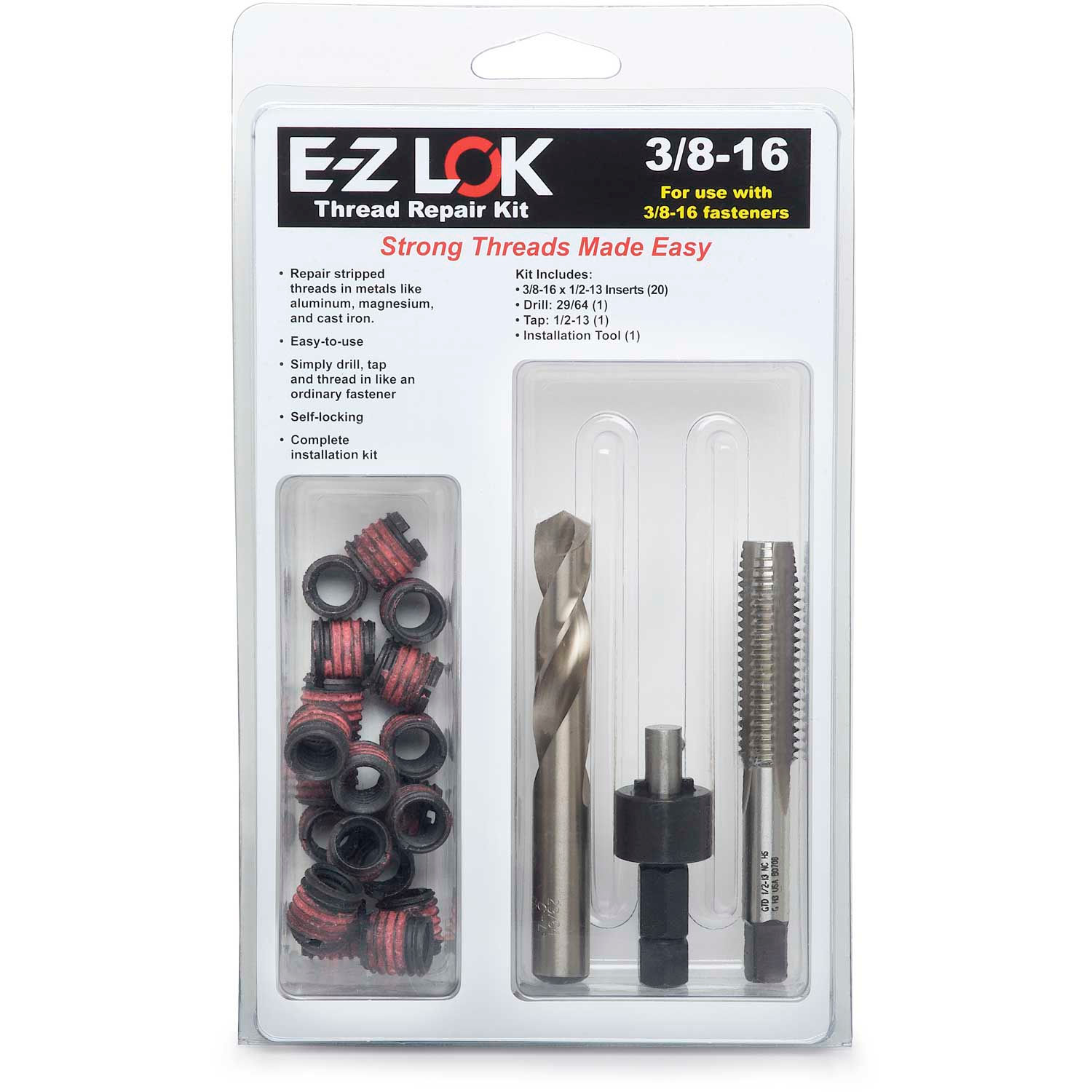 drill E-Z LOK Threaded Inserts For Metal; Installation Kit; Carbon Steel; Includes 5//16-18 Thin Wall inserts tap installation tool
