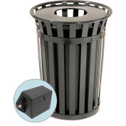 Global Industrial™ TrashTalk™ Outdoor Slatted Metal Trash Can w/Flat Lid, 36 Gal., Black