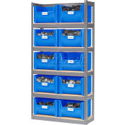 Global Industrial Steel Boltless Wood Deck Shelving - 10 Plastic Hopper Bins Blue, 42x15x84