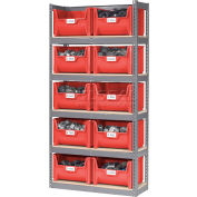 Global Industrial Steel Boltless Wood Deck Shelving With 10 Plastic Hopper Bins Red, 42x15x84